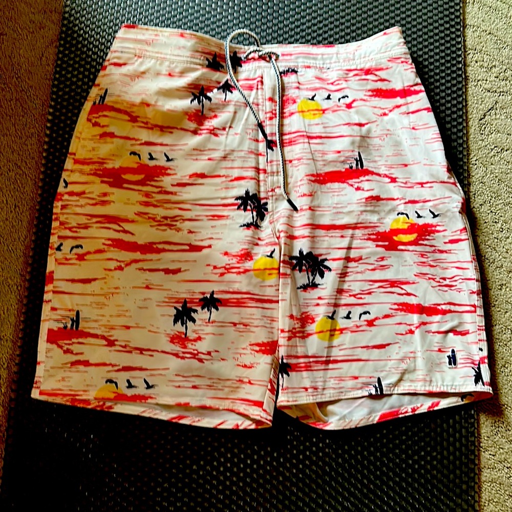Johnnie-O surf shorts. Palm trees / sunset tropical pattern.